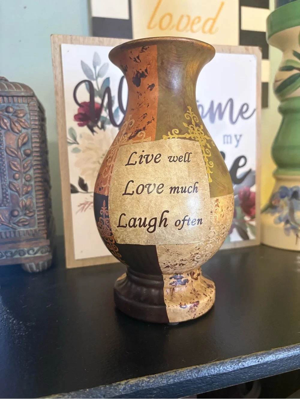 Decorative 'Live well, Love much, Laugh often' Brown & Gold Accent Vase